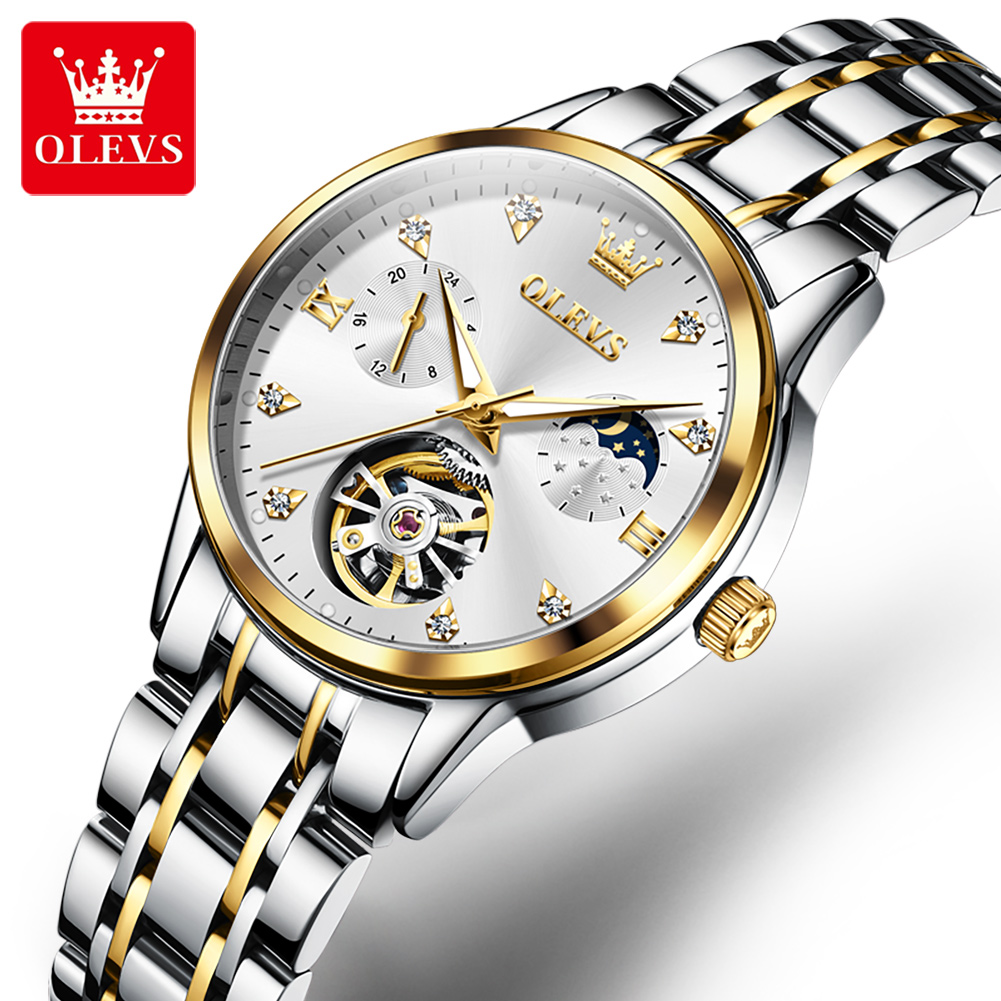 Luxury Watch Moon Phase - OLEVS 6608 Skelett-Automatikuhr für Damen mit