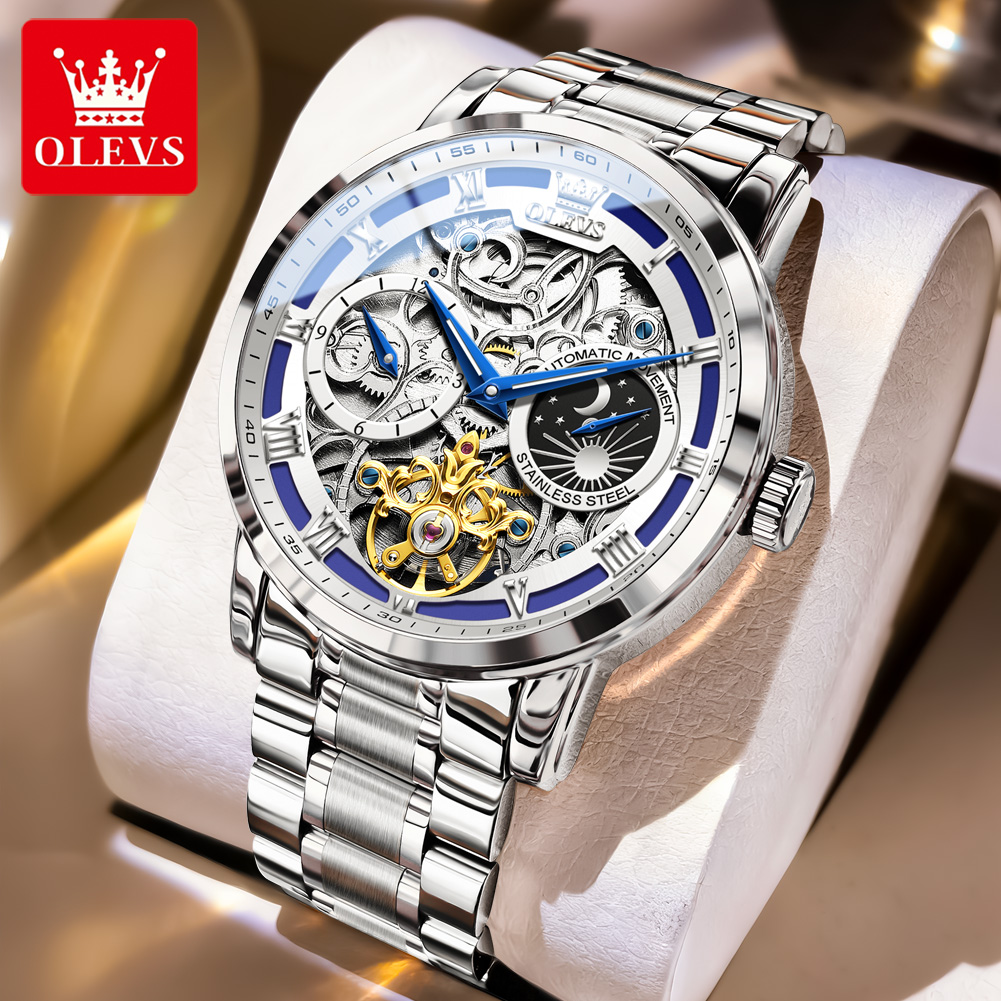 Luxury Watch Moon Phase - OLEVS 6670 Original Herrenuhr mit Hohlrad-Mondphasenanzeige,