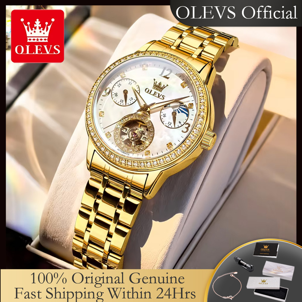 Luxury Watch Moon Phase - OLEVS 6750 Automatische Damenuhr Edelstahl Hohlmondphasen-Chronograph