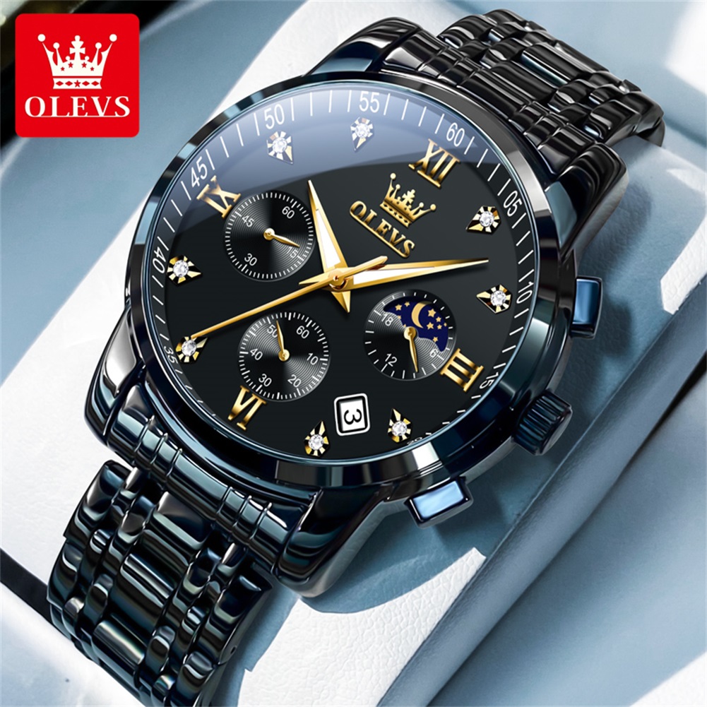 Luxury Watch Moon Phase - OLEVS Beliebte Herrenuhren aus Edelstahl, schwarz,