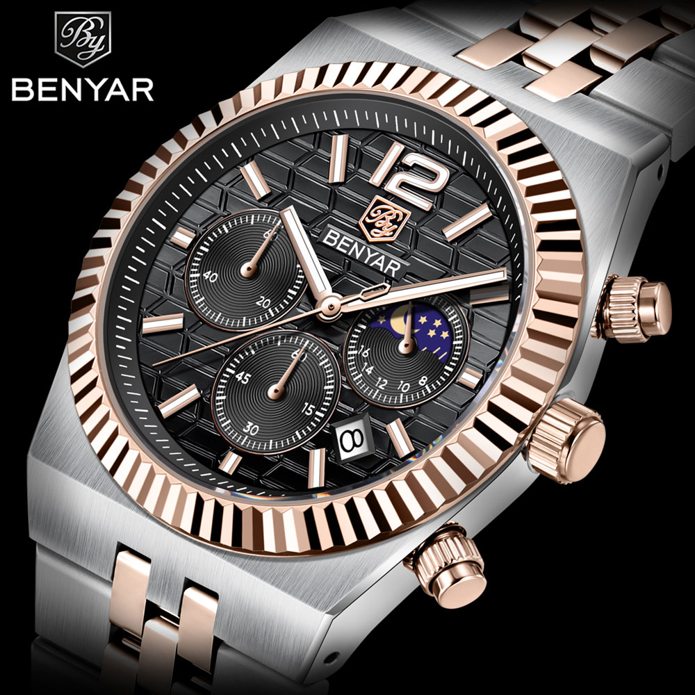 Luxury Watch Moon Phase - BENYAR Chronograph 40 mm Herrenuhr Edelstahl