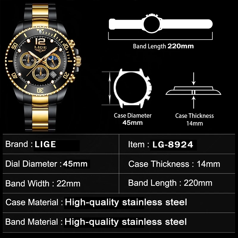 LIGE Mode Schwarz Gold Uhr Top – Luxury Watch Gold And Black Bewertung und Preis